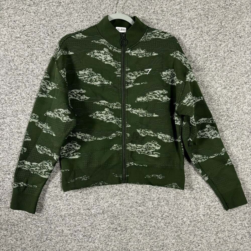 Gymshark Women's Size Small Green Camo Seamless Full Zip Track Jackt